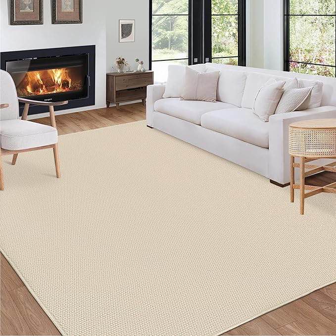 Extra Large 10x13 Living Room Rug Washable Rug Modern Solid Woven Rug Contemporary Indoor Soft Floor Carpet Non Slip Backing Low Pile Foldable Accent Rug for Bedroom Nursery Playroom Beige