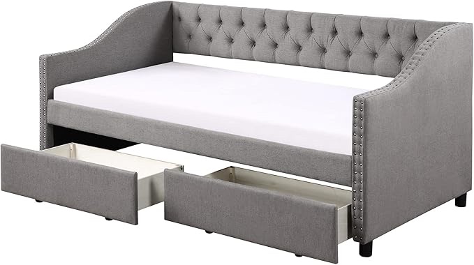 incomplete only 1 box ) similar to the photo reference, Upholstered Daybed with 2 Drawers,Twin Size Storage Bed Wooden Bed Frame with Wood Slat Support for Boys Girls Bedroom,No Box Spring Needed (Grey)