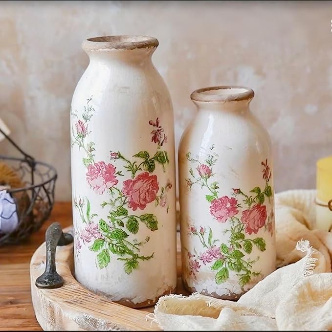  ( only 1 pcs ) Vintage Rose-Flower Small Ceramic Vase Set, Retro Rustic Cute Flora Vase Gift, Art Décor Vase For Your Home, Kitchen, Bedroom, Office, Living Room, Bathroom & Shelf Centerpiece Table Decorations