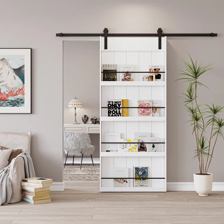 84" Manufactured Wood Bookshelf Style Barn Door Primed with Mounting Hardware Kit