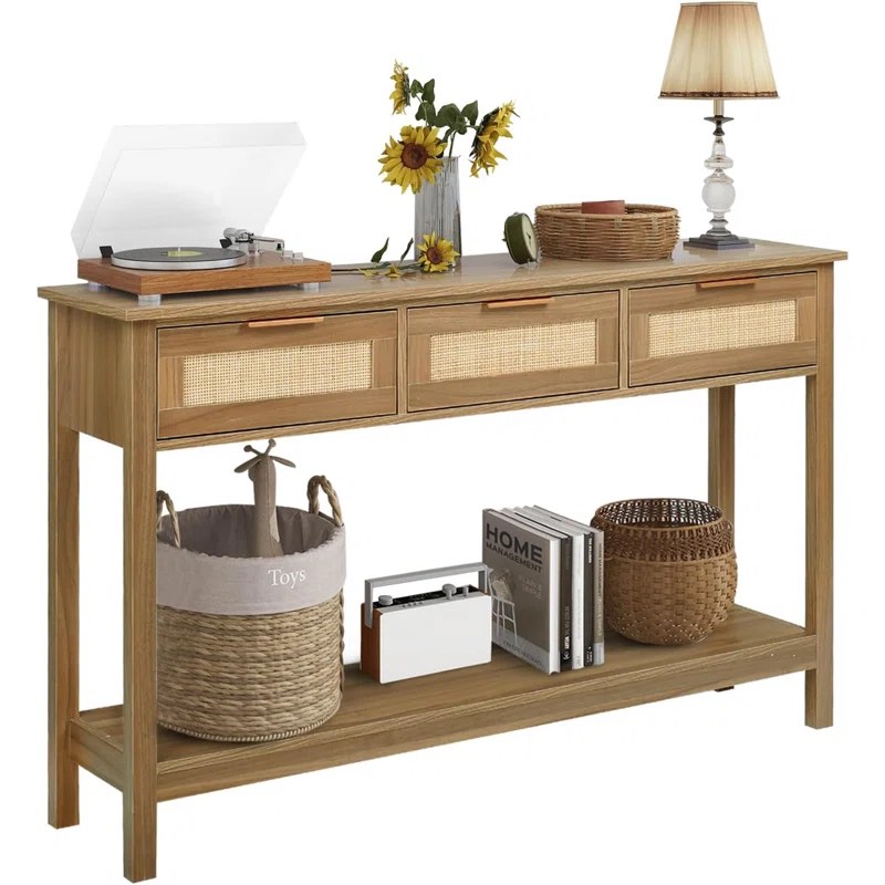 51" Console Table, Oak Grain Sofa Table With Wood Frame, Rustic Hallway Table With 3 Bamboo Weaving Storage Drawers And Shelf For Foyer Living Room Entryway