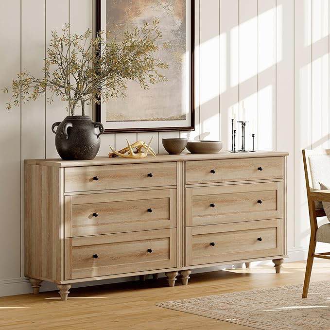  ( pick up 2 box )) Off Dressers With 6 Drawers, Mid Century Modern Wooden Closet Storage Organizer For Living Room, Nursery, Hallway (Base/Top) Color: oak 