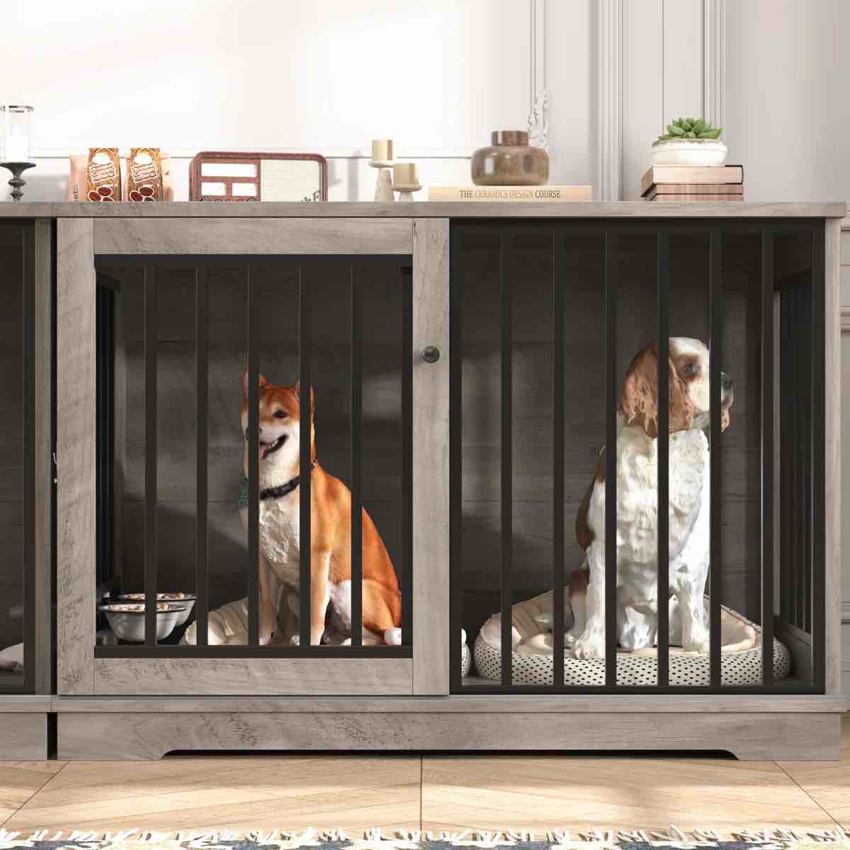 47.2''W Sturdy Large Dog Crate with 2 Feeding Bowls
