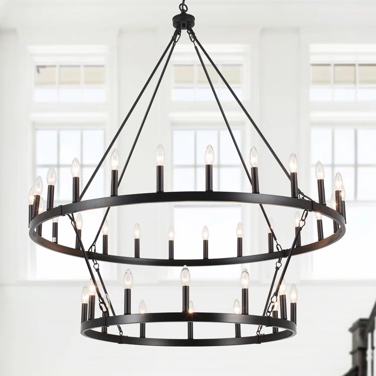 Bralen  36 - Light and 40 - Light 2-Tiers Large Dimmable Wagon Wheel Chandelier Farmhouse Round Vintage Candle Style Dining Room Chandelier