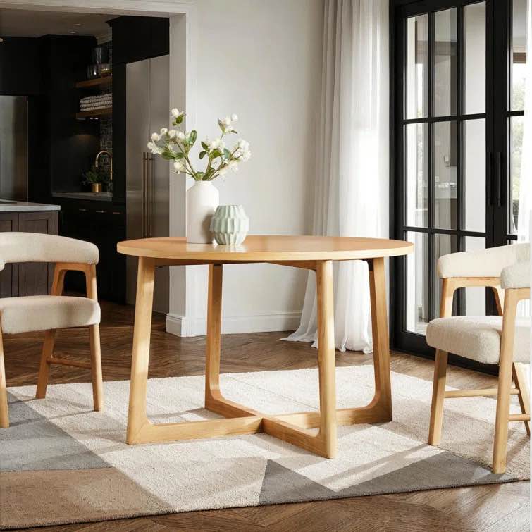 Modern Solid Wood Veneer Round Dining Table with Geometric Leg Design