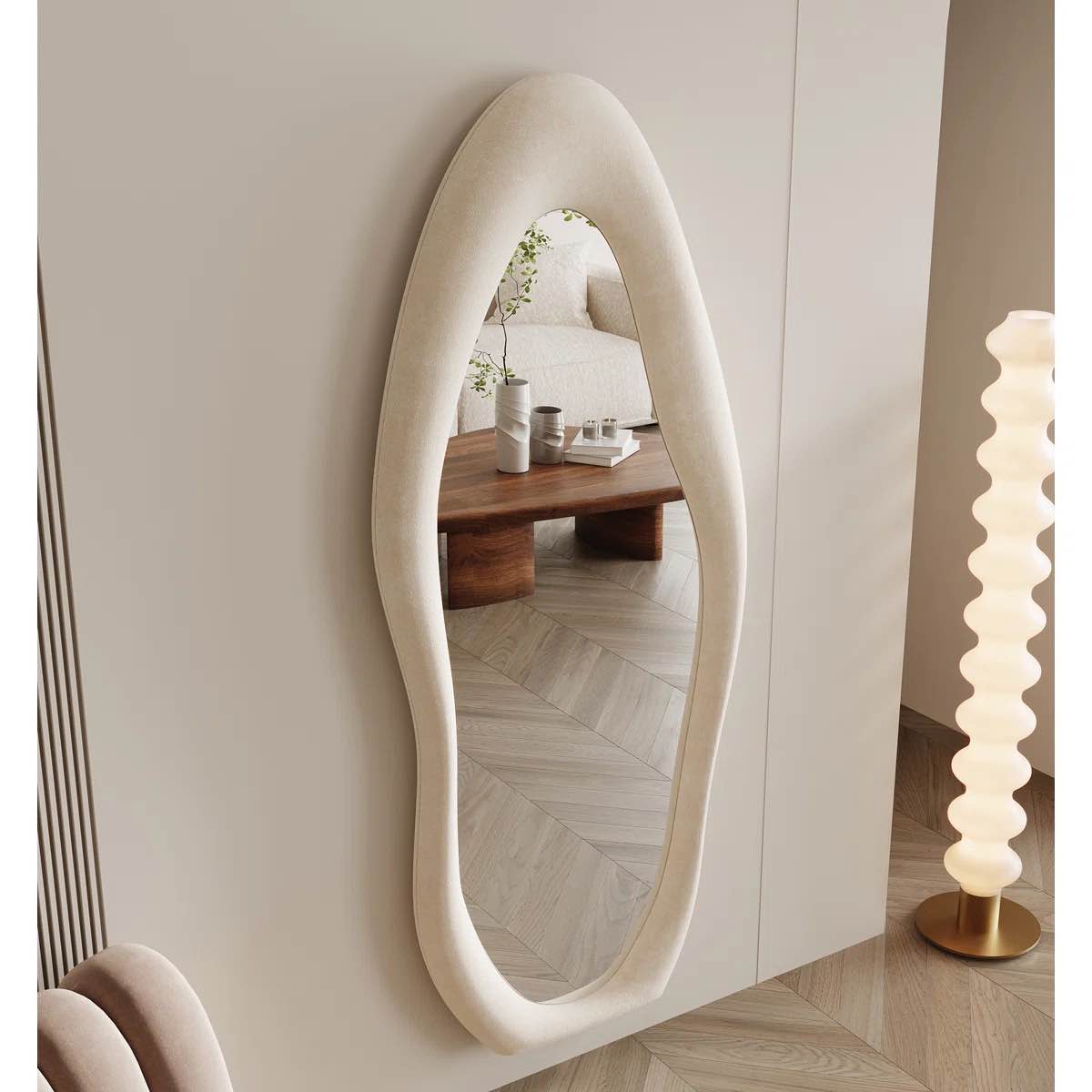 Full Length Mirror 63"X24", Irregular Wavy Mirror, Arched Floor Mirror, Wall Mirror Standing Hanging Or Leaning Against Wall For Bedroom, Flannel Wrapped Wooden Frame Mirror