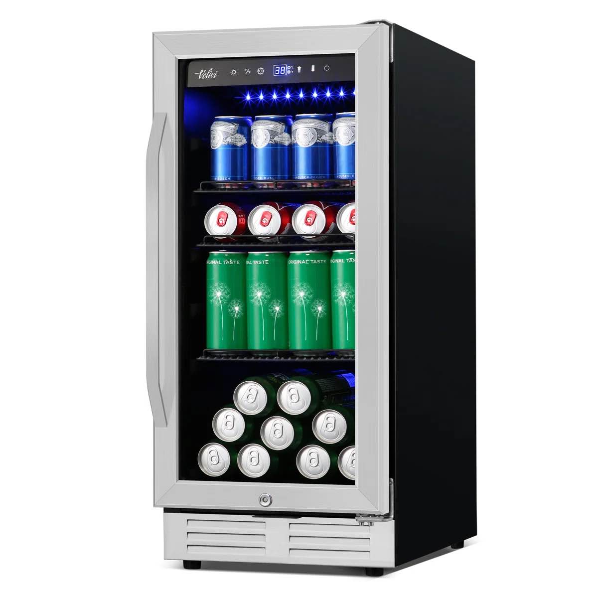 Velivi 127 Cans 3.1 Cubic Feet Built-In & Freestanding Beverage Refrigerator with Digital Control, Security Lock, and Blue LED Light
