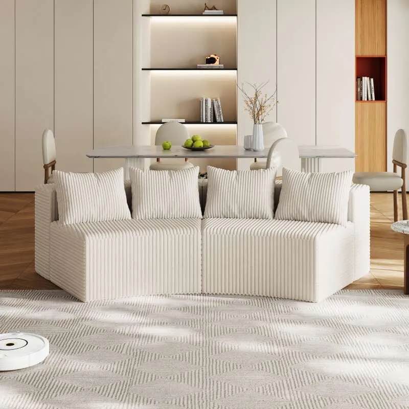 Comfortable Corduroy Sectional Sofa: Curved Modular Couch with Pillows for Living Room, Bedroom, and Office (Incomplete, Box 1/2 )