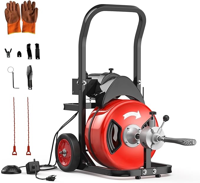 100Ft 3/4 Inch Cable Auto Feed Portable Electric Sewer Snake, 750W Drain Cleaning Machine, Electric Drain Auger with 6 Cutter Air-Activated Foot Switch for 4" to 8" Pipes