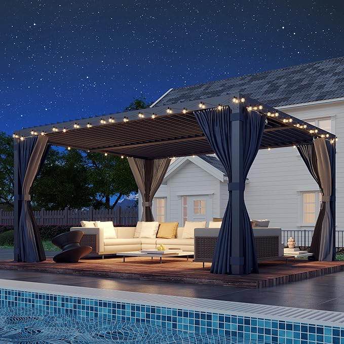 EROMMY 10x12FT Louvered Pergola Outdoor Sun Shade Shelter with Aluminum Frame and Adjustable Metal Rainproof Roof for Garden & Patio, Curtains and Netting Included, Gray-Black (incomplete box 4 of 4 only)