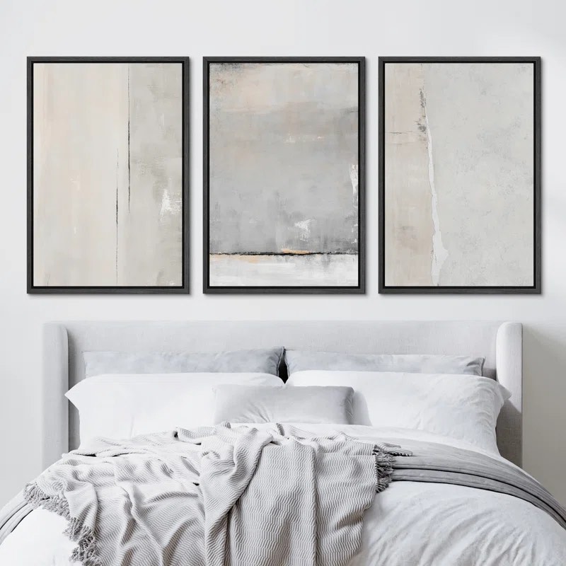 Minimal Landscape Muted Gray Grunge Effect Neutral Pictures Framed Canvas 3 Pieces Print Wall Art 36” x 72”