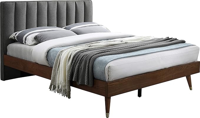 Meridian Furniture VanceGrey-K Vance Collection Mid Century Modern Linen Textured Fabric Bed with Soft Durable Upholstery and Gold Cap Wooden Legs, 80" W x 85" D x 43.5" H, Grey, King (incomplete box 1 of 3 only)