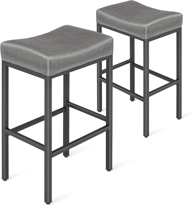 Athena Collection Bar Stools Set of 2, 31 Inch Counter Height Barstools, Upholstered Modern Saddle Stool with Metal Frame, Bar Chair with Footrest for Kitchen Island, Home Bar, Grey