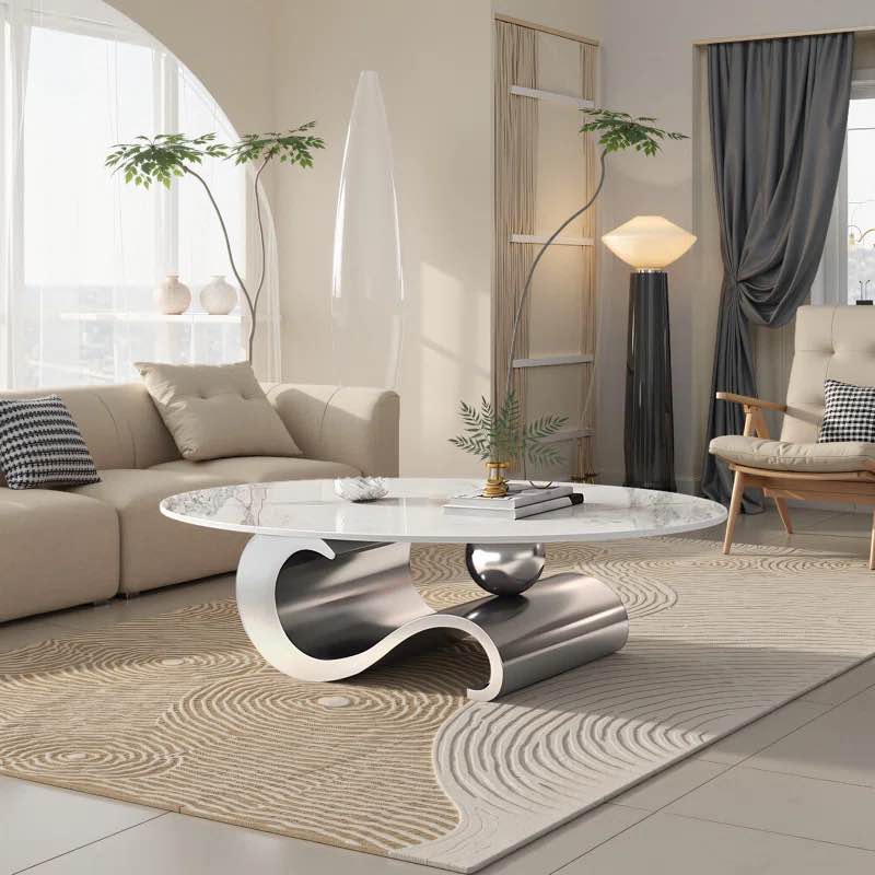 Luxury White Oval Coffee Table with Musical Note Base–Modern Accent Piece for Living Room Decor (incomplete, table base only no top)