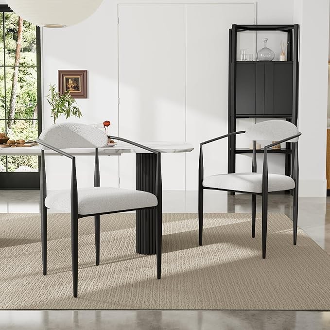 RGZ White Dining Chairs Set of 2, Modern Boucle Dining Chairs with Arms, Upholstered Cushion White Dining Chairs with Black Metal Legs, Dining Armchairs Open Back for Kitchen, Living Room, Dining Room (color may vary ours are walnut and beige)