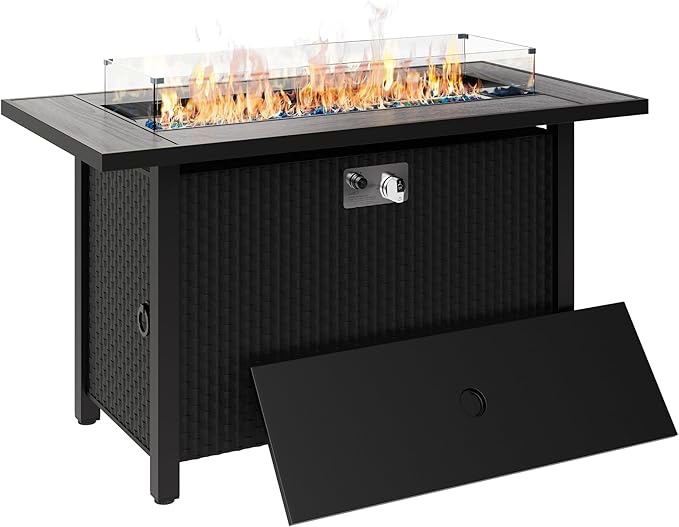 Walsunny 45 inch Outdoor Propane Fire Pit 50,000 BTU Gas Fire Pit Table with Lid, Glass Wind Guard, Waterproof Cover, Rectangle Gas Firepit Table for Garden/Patio, CSA Certification
