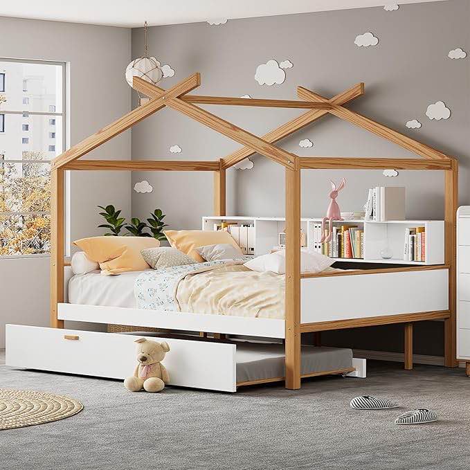 White Twin Size Wooden House Bed Frame for Boys Girls Kids Adults Toddler with Original Wood Colored Frame Twin Size Trundle and Bookshelf Storage Space for Children or Guest Room
