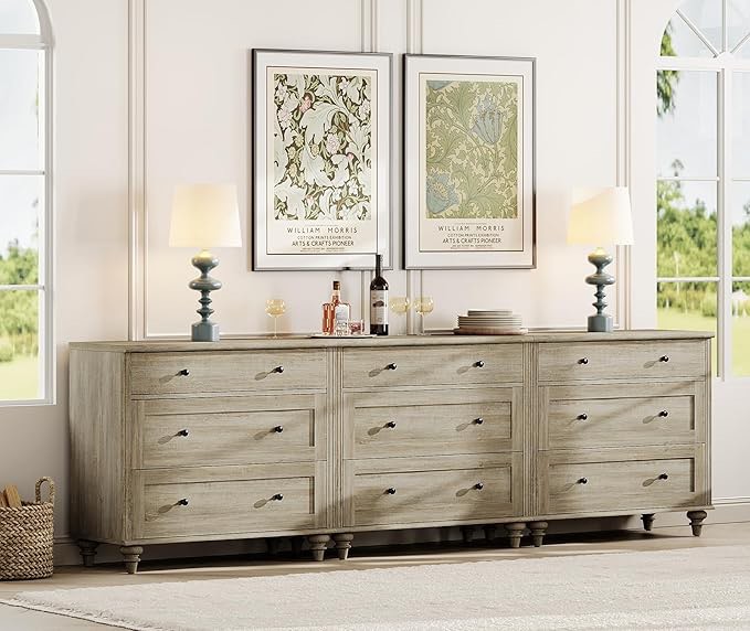 Dresser For Bedroom With 9 Drawers, Kids Dressers With Wide Chest Of Drawers, Mid Century Modern Wooden Closet Storage Organizer, Large Wood Dressers For Living Room, Nursery, Hallway, Gray Wash (incomplete 1 box only)