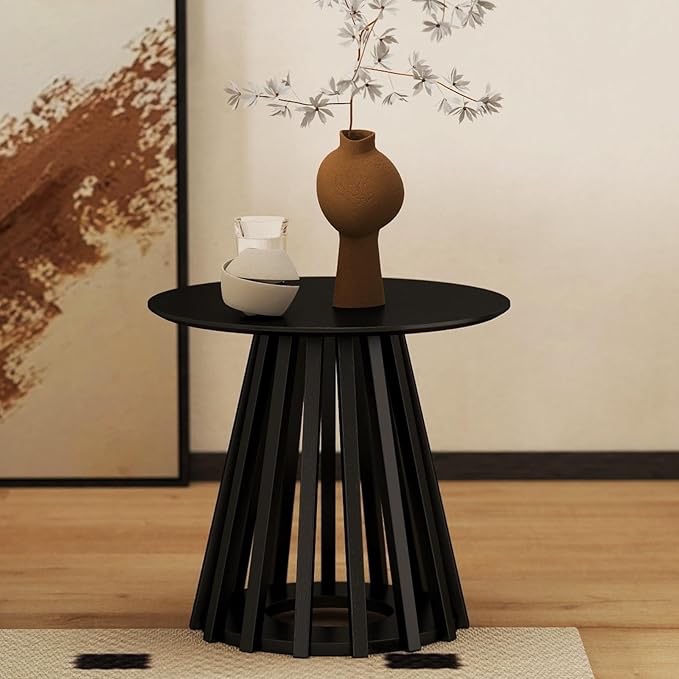 DUOMAY Modern Solid Wood Round Side Table with Geometric Base, Natural Wood Accent End Table Center Table for Living Room, Bedroom, Lounge, Office, Black Color