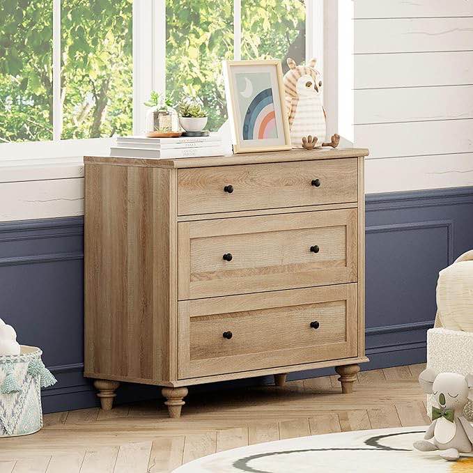 WAMPAT Baby Dresser for Bedroom with 3 Drawers, Oak Kids Dressers with Wide Chest of Drawers, Mid Century Modern Wooden Closet Storage Organizer, Small Dressers for Living Room, Nursery, Hallway
