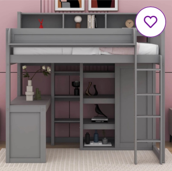 Heribert Wood Twin Size Loft bed with Multiple Storage Shelves and Wardrobe (incomplete box 1 of 3 only)
