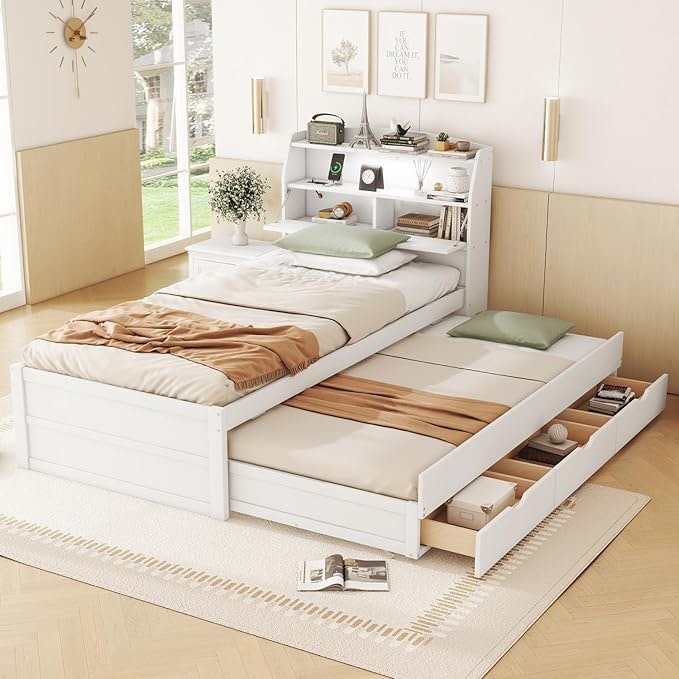 Wooden LED Platform Bed With Trundle, With Storage Headboard, With Drawers Size: Twin, Color: White (incomplete 1 box only)