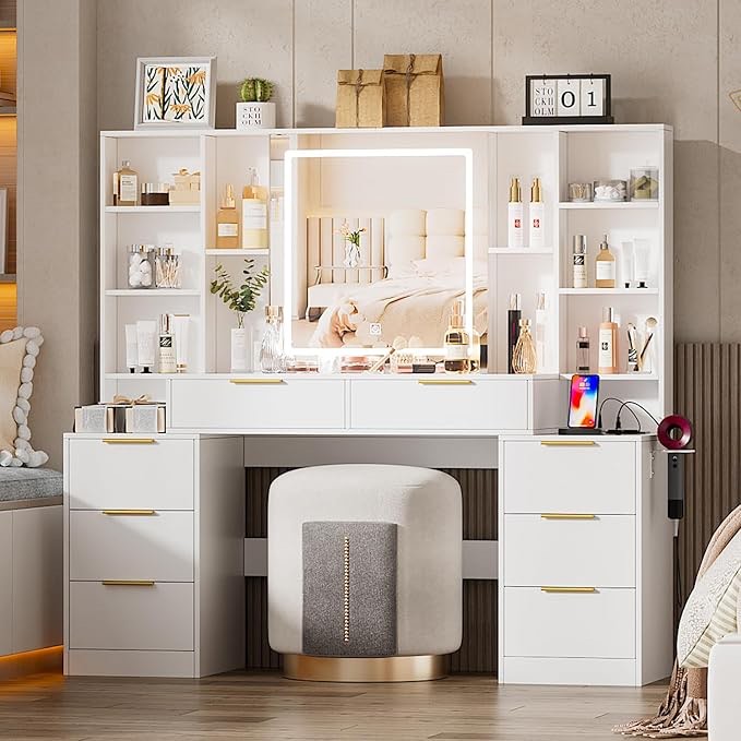 (incomplete) Large Makeup Vanity Desk With Lighted Mirror & Power Outlet,vanity Desk Dresser Table With 3 Lighting Modes Brightness Adjustable,drawers,shelves,hair Dryer Stand For Bedroom,white