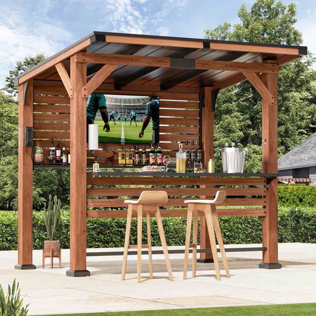 Aura 6.5 ft. x 8 ft. Cedar Wood Outdoor Entertainment Gazebo Bar With Hardtop Galvanized Steel Roof, Powerport,Bar Table And Foot Rest Rail