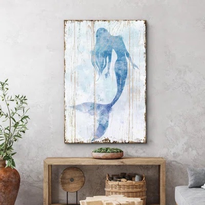 Blue Mermaid On Wood Effect Panel Nautical Coastal Beach Bathroom Decor Canvas Prints Wall Art Format: Wrapped Canvas, Overall Size: 36" H x 24" W