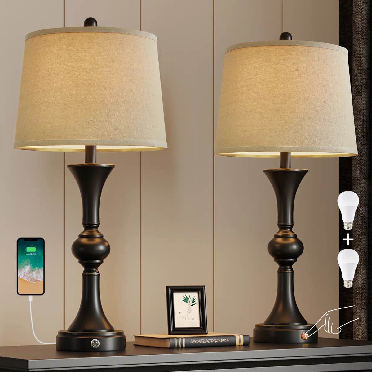 Emzie 28"classic black metal light with USB,suitable for living room,bedroom,bedside with light bulb (Set of 2)