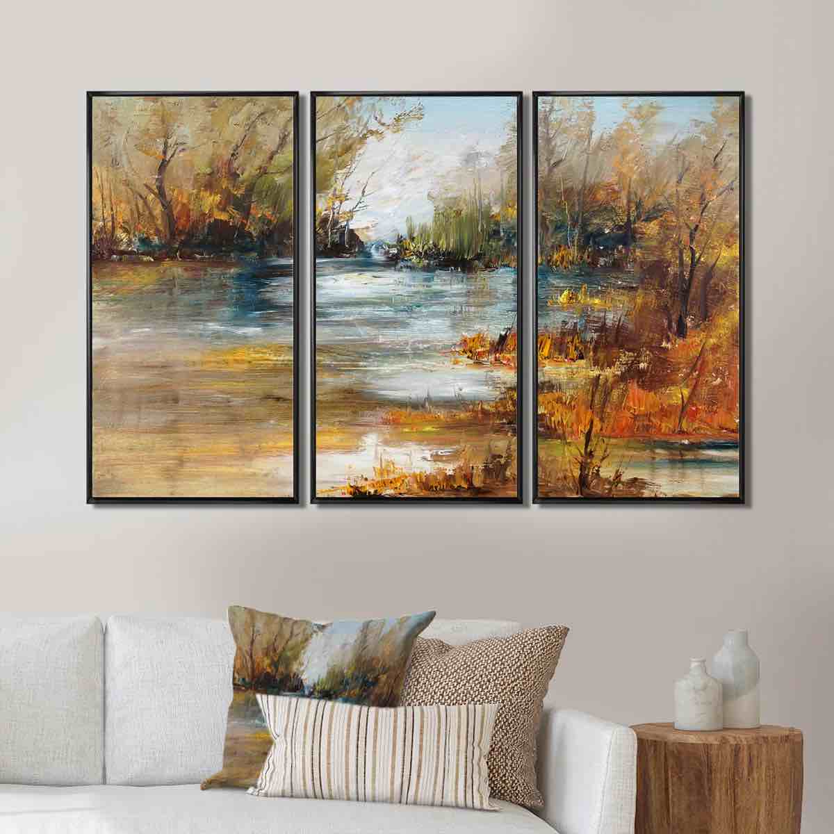 " Surface Of Lake In Forest " 3 - Pieces Painting Print 16”x33” 