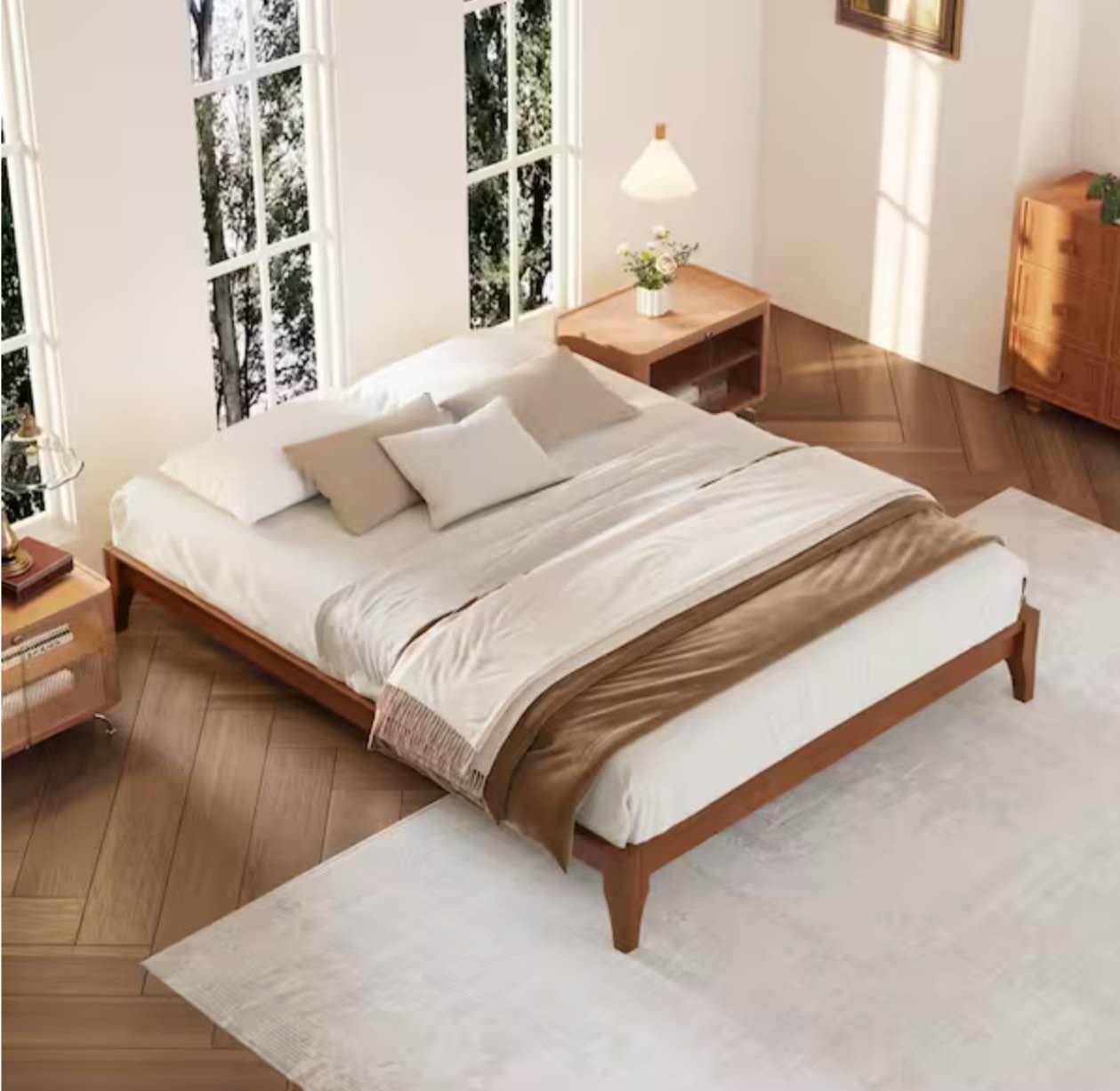Brown Bamboo Frame  Queen Platform Bed with Wood Slat Support