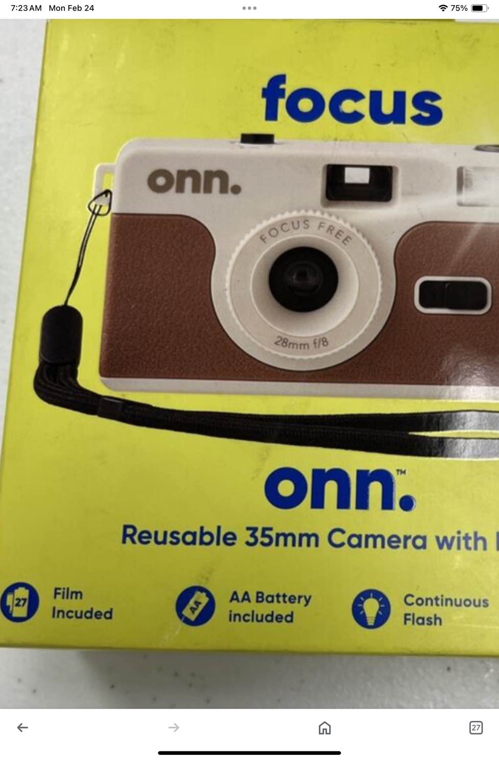 ONN Focus Reusable 35mm Camera w/ Flash 27 Exposures Film Included, New In Box