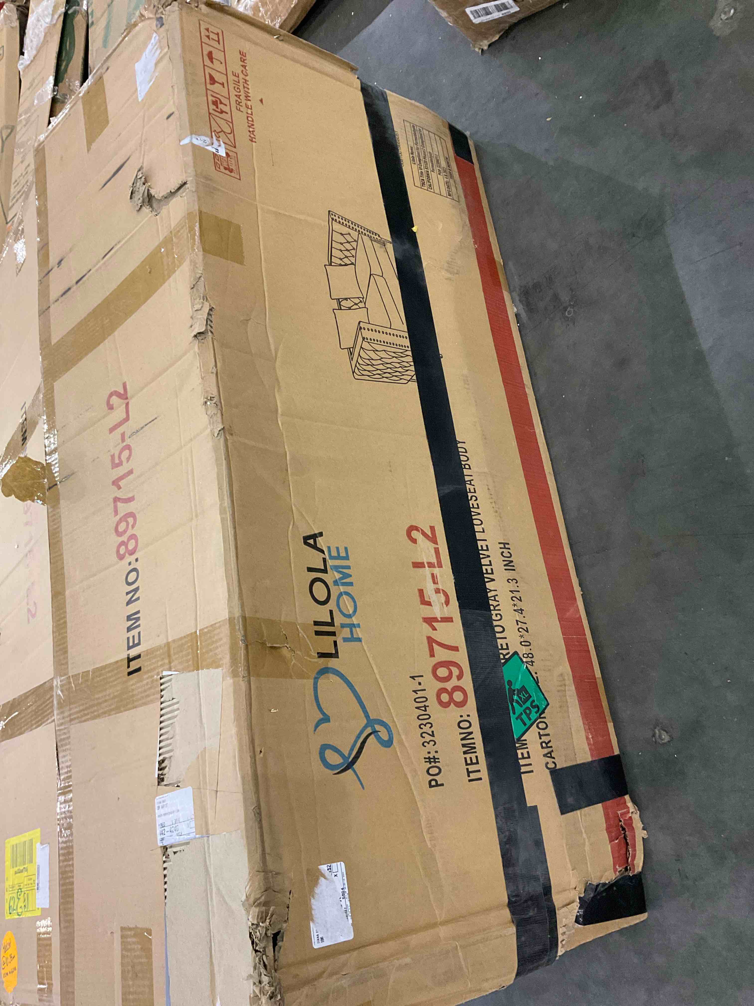 lorreto gray velvet loveseat body (only 1 of the 2 boxes )