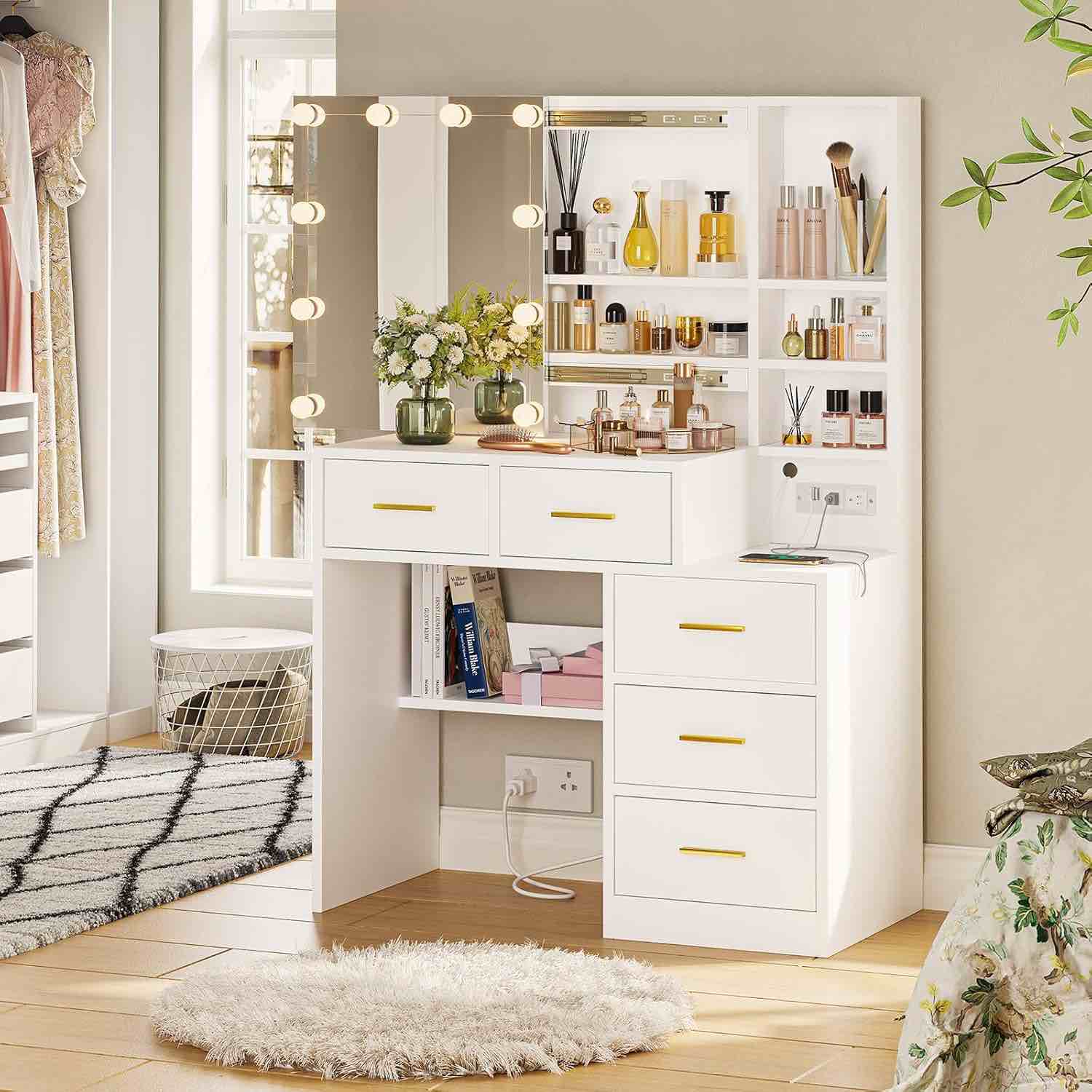 Vanity Desk with Sliding Mirror and Lights, Makeup Vanity with Lights and Charging Station, Makeup Desk with 5 Drawers, Modern Vanity Table with Hidden and Open Storage Shelves, White FTBFVT-7002