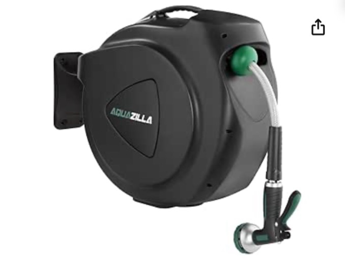 Retractable garden hose reel, durable inch water hose reel with 180 degree swivel stand, 9 pattern sprayer, 6ft hose leader, smooth auto rewind, locks at any length.