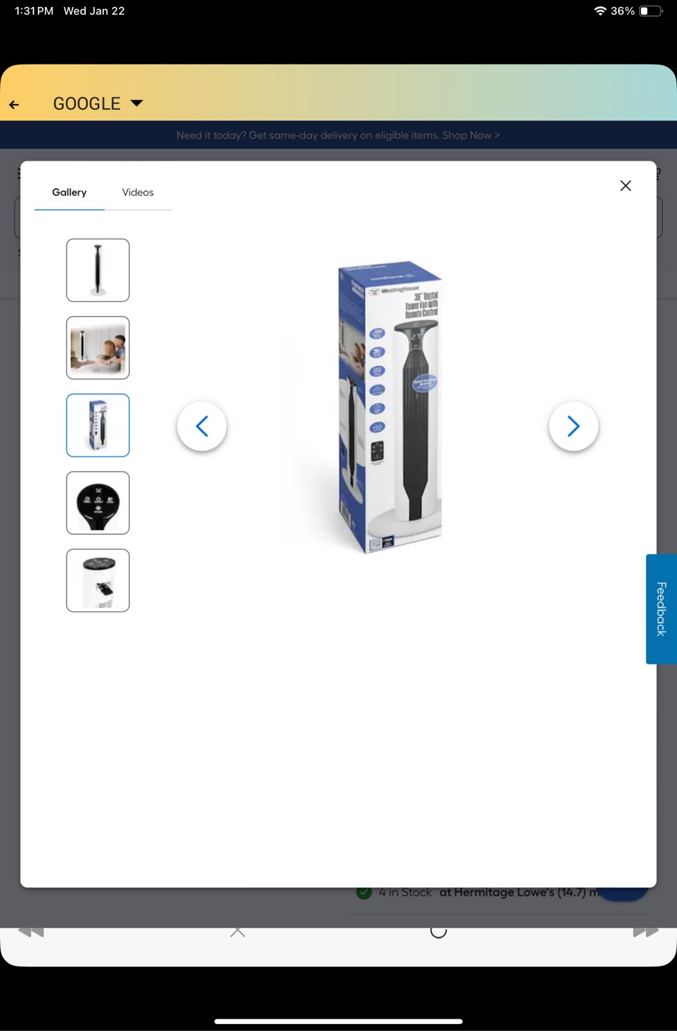 Westinghouse 36-in 120-Volt 3-Speed Indoor White Oscillating Tower Fan with Remote