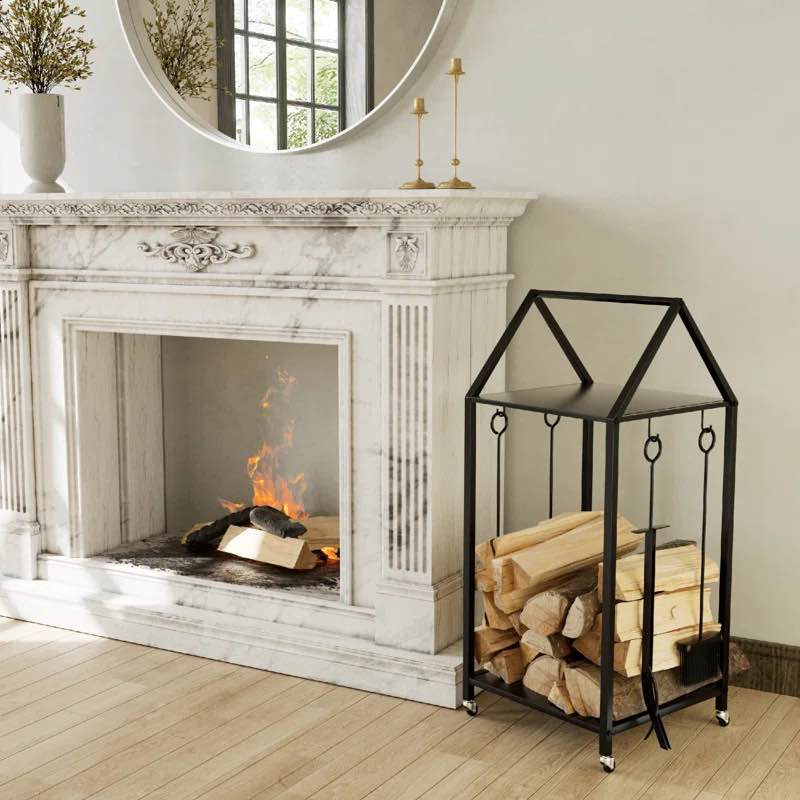 Cantarero 14'' W Metal Log Rack on Wheels with 4 Piece Fireplace Tool Set for Hearth