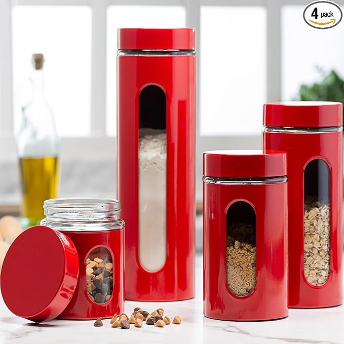 Quality Modern Red Stainless Steel Canister Set OF 4 For Kitchen Counter With Glass