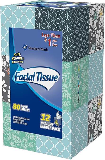 Member's Mark Soft & Strong Facial Tissues, White, 80 Sheets/Box, 12 Ct