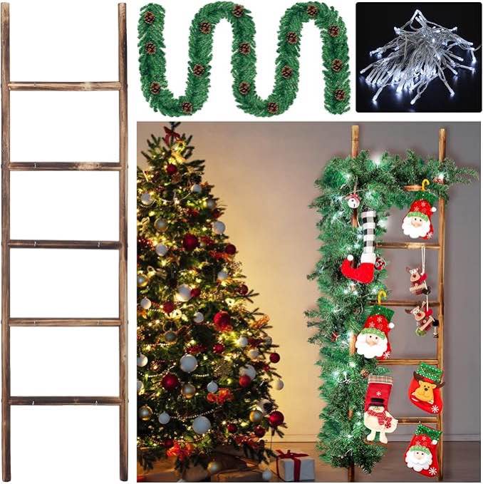 tigeen 3 pack lighted christmas stocking holder sets for wall 10 hook wooden christmas ladder stocking holder stand artificial garland with battery operated light for holiday party xmas home decor