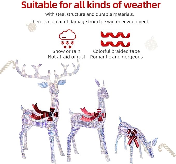christmas decorations outdoors reindeer family - light up christmas decor iridescent deer 3 piece with led lights, extension cord, ground stakes, for outdoor front yard porch - iridescent
