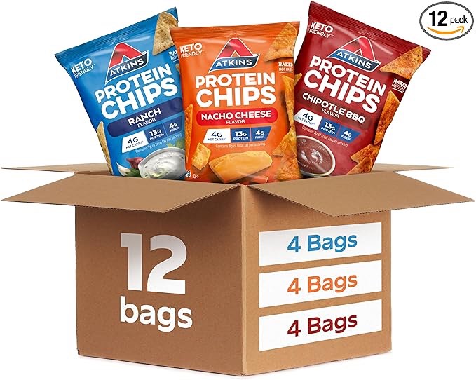 (BEST BY 10/15/25) Atkins Protein Chips Variety Pack, 4g Net Carbs, 13g Protein, Gluten Free, Low Glycemic, Keto Friendly, 12 Count Variety 1.10 Ounce (Pack of 12)