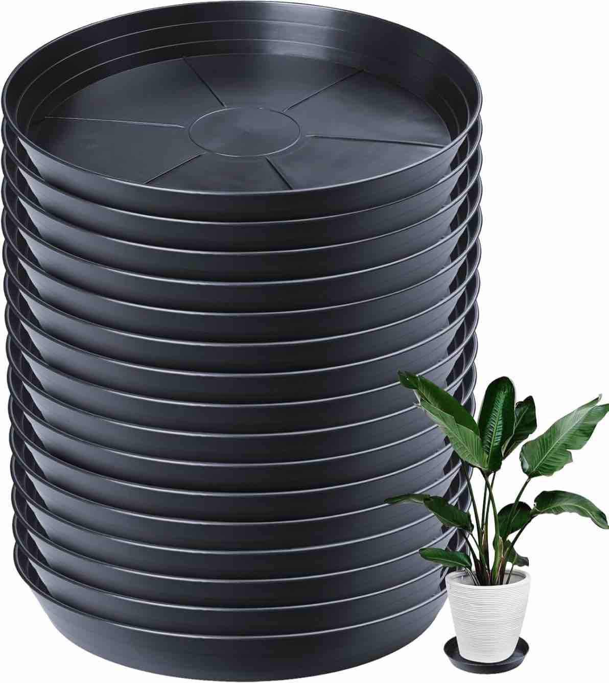 16 Pack Plant Saucer Bulk 12 inch, 2" Large Deep Heavy Duty Plant Saucers, Garden Plastic Plant Drainage Trays for Indoors Outdoor, Pot Tray for Planter, Black