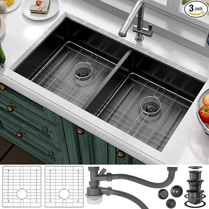 33 Inch Undermount Kitchen Sink Stainless Steel, 33x19 Double Bowl Kitchen Sinks 50/50 Commercial 16 Gauge 304 Stainless Steel Kitchen Sink,Black