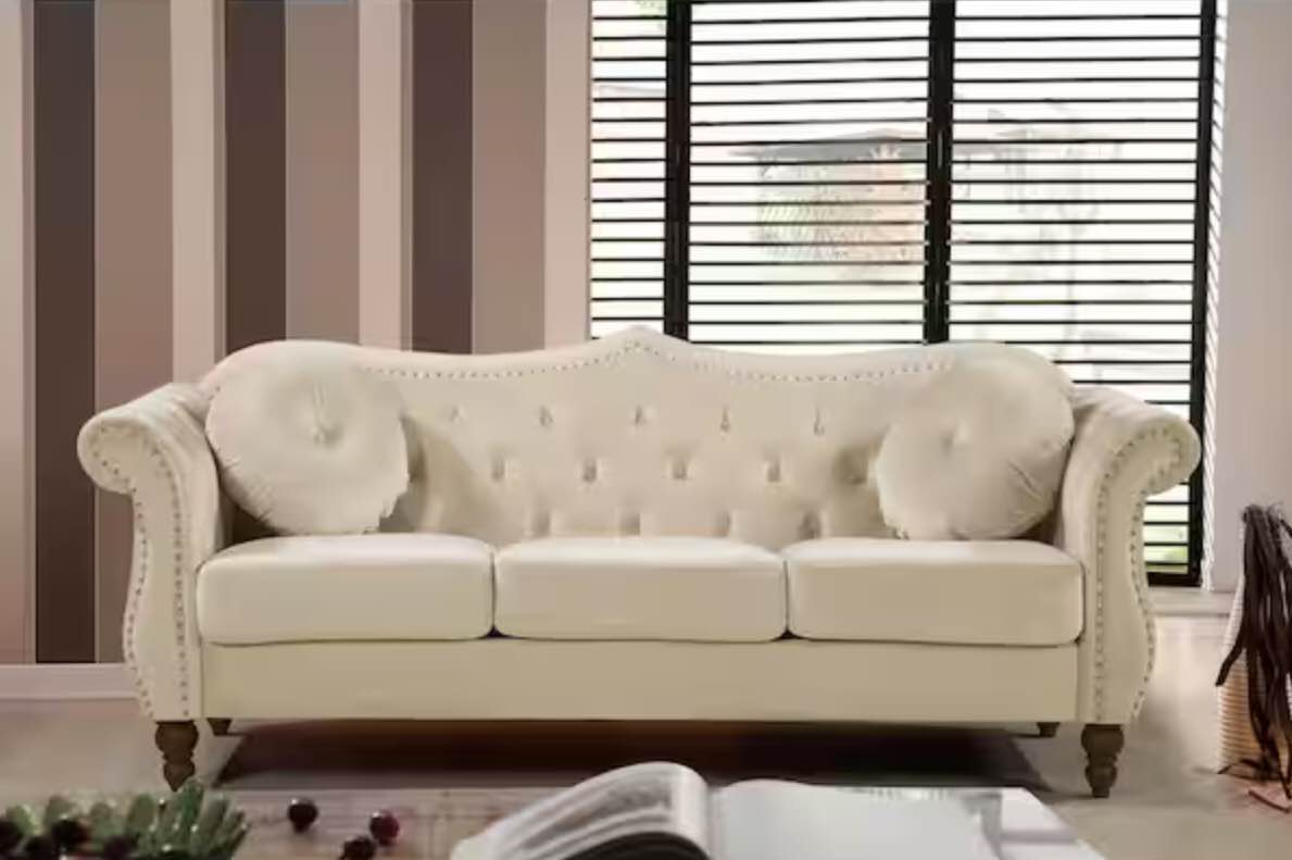 (Incomplete, Only Box 2 of 2) 80 in. Square Arm Velvet Trim 3-Seater Sofa in Ivory