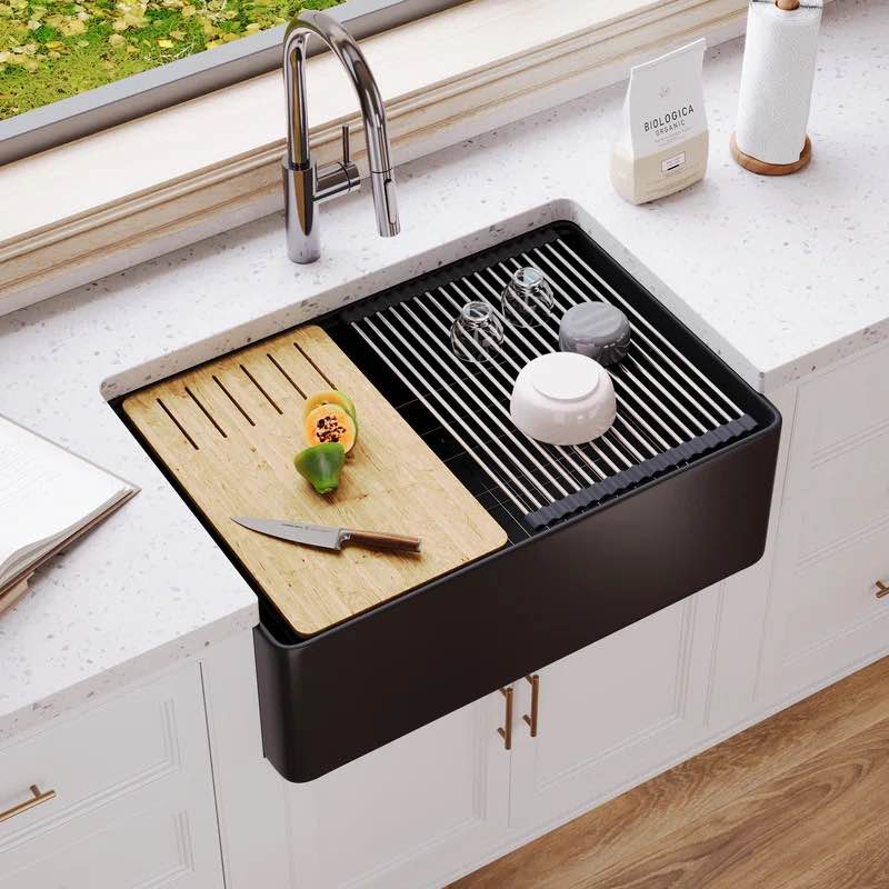 Deervalley 30" L X 20" W Single Basin Workstation Farmhouse Kitchen Sink With Sink Grid, Cutting Board And Dish-Drying Rack Finish: Matte Black