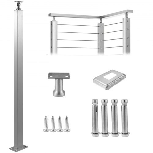 (Incomplete) VEVOR Cable Railing Post Level Deck Stair Post 36 x 1.97 x 1.97" Cable Handrail Post Stainless Steel Wire Drawing Deck Railing DIY Picket Without Hole Stair Railing Kit with Mount Bracket Silver