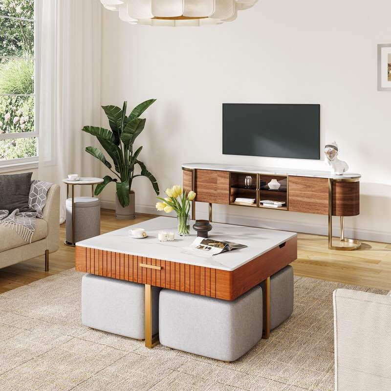  ( incomplete only 4 stools )Kreitman Lift Top Extendable Nesting Coffee Table Set With Storage & 4 Stools