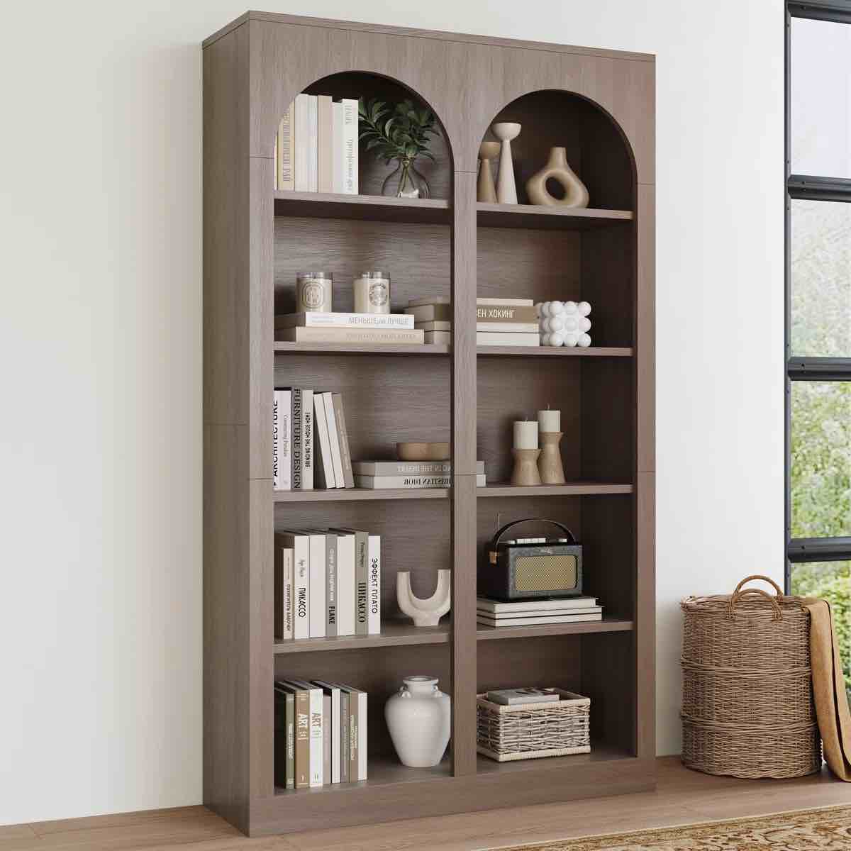5 Tier Arched Bookcase, 70.8”Wooden Bookshelf for Living Room, Home Office